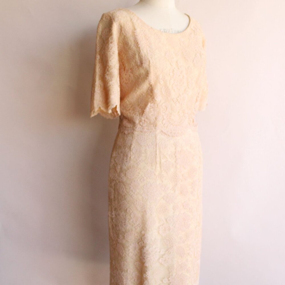 Vintage 1960s Dress, Pink Illusion Lace Fluttery Open Back - Picture 6 of 11